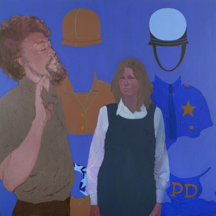 May Stevens, Benny Andrews, the Artist, and Big Daddy Paper Doll, 1976. Acrylic on canvas, 60 ¼ × 60 ¼ in. National Academy of Design, New York © May Stevens. Courtesy RYAN LEE Gallery, New York and American Federation of Arts.