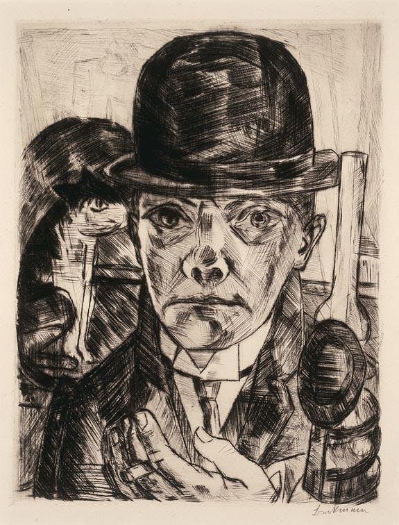 Max Beckmann (German, 1884–1950), Self-Portrait with Bowler, 1921. Drypoint, 12 1/2 x 9 1/2 in. McNay Art Museum, Gift of the Friends of the McNay, 1966.4 © Artists Rights Society (ARS), New York/ VG Bild-Kunst, Bonn.